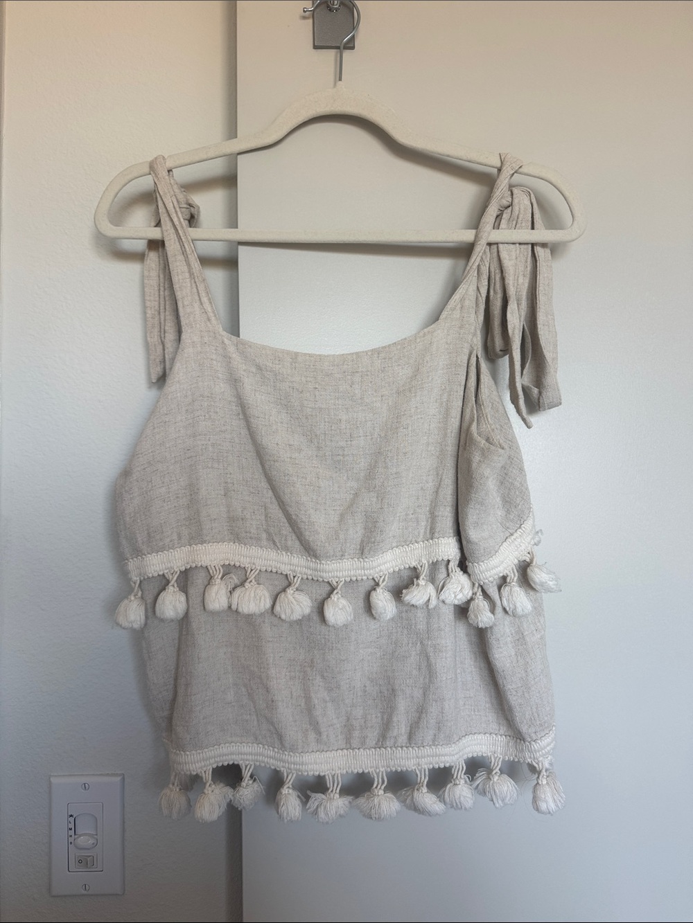 Olivaceous Cream Tassel Pom-Pom Tie-Strap Camisole